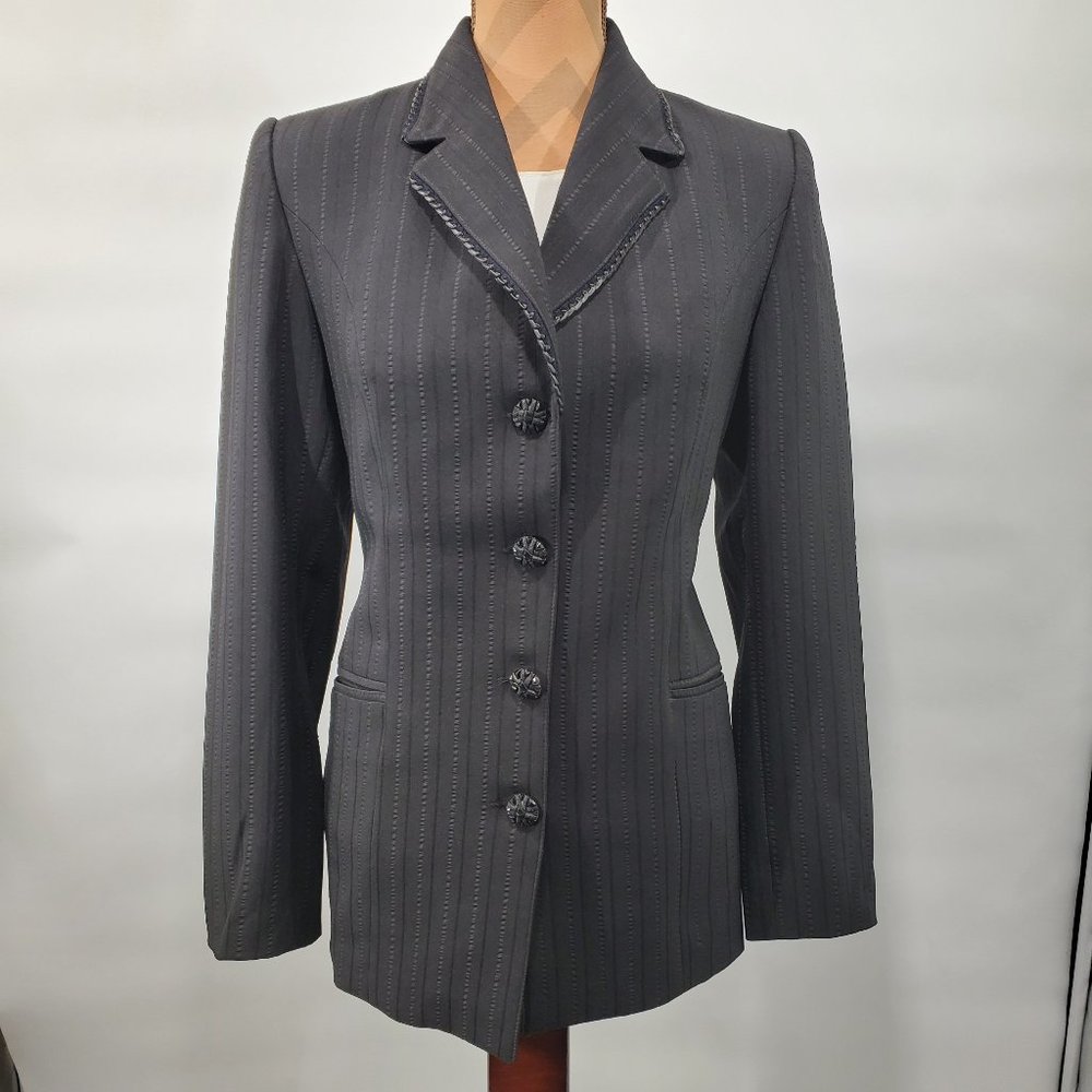 Women 4-Buttons Black Lined Jacket, leather trims